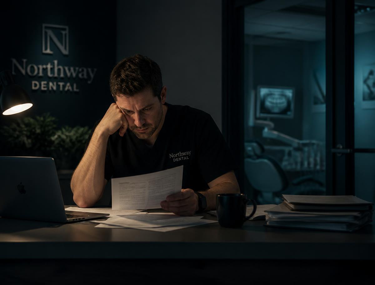 Dono de clínica odontológica revisando contas à noite no consultório