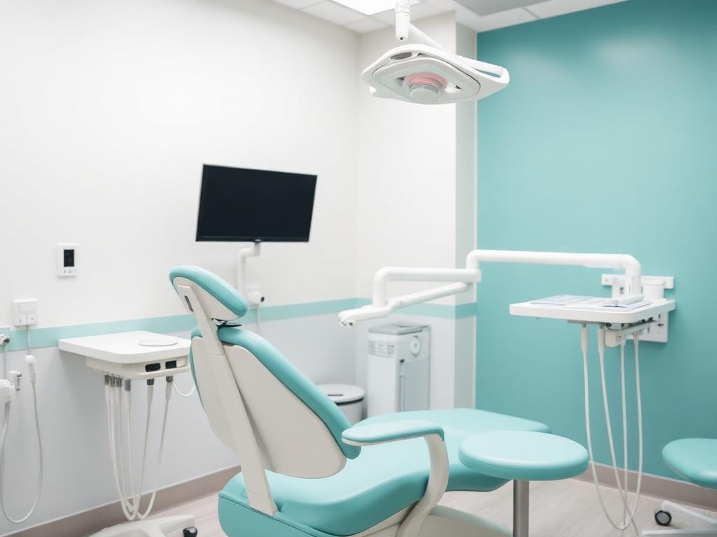Consultório moderno com cadeira e equipamentos